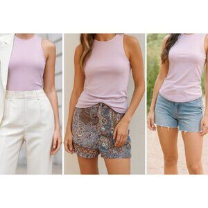 Maeve Anthropologie LAVENDER L Ribbed Mock-neck Ruched top Minimalist Soft Girl